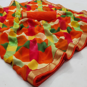 Orange - Multicolored Printed Georgette Saree With Fancy lace Border - Peachmode