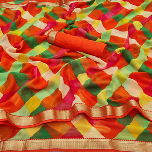 Orange - Multicolored Printed Georgette Saree With Fancy lace Border - Peachmode