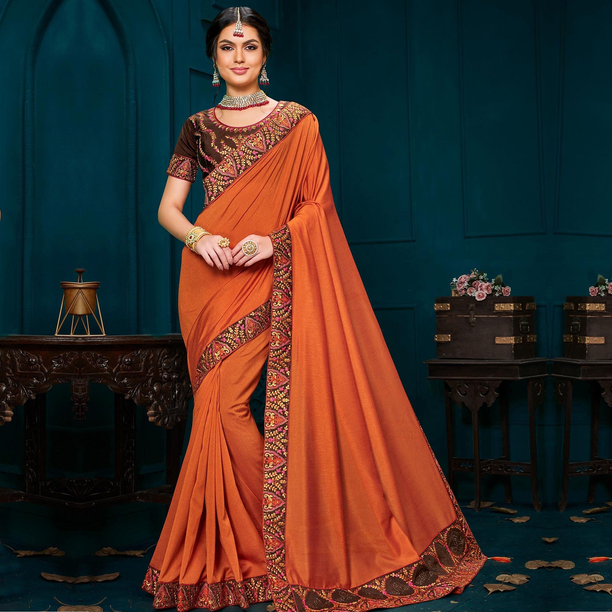 Orange Party Wear Heavy Embroidered Silk Saree - Peachmode