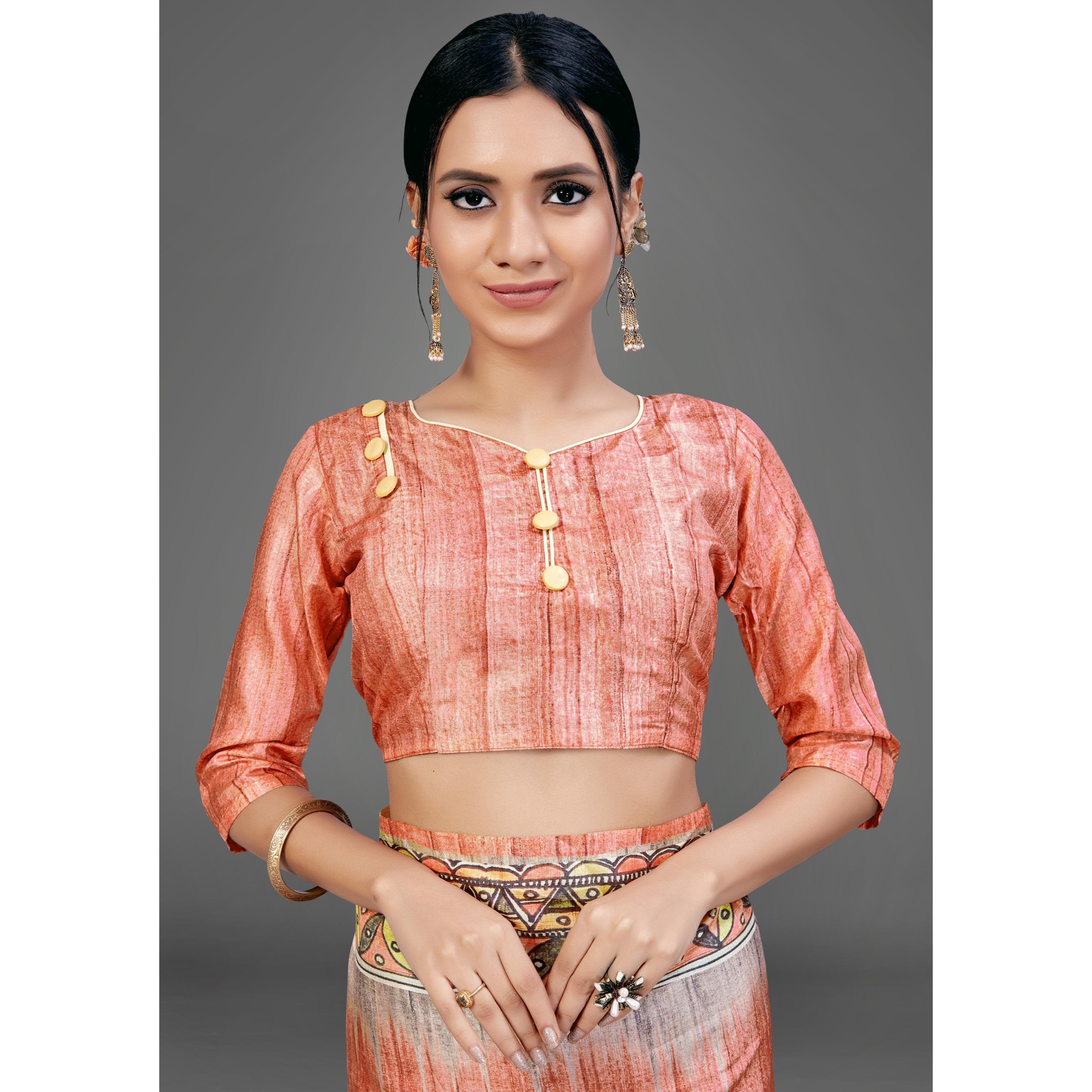 Orange Party Wear Silk Blend Geomatric Saree With Unstitched Blouse - Peachmode
