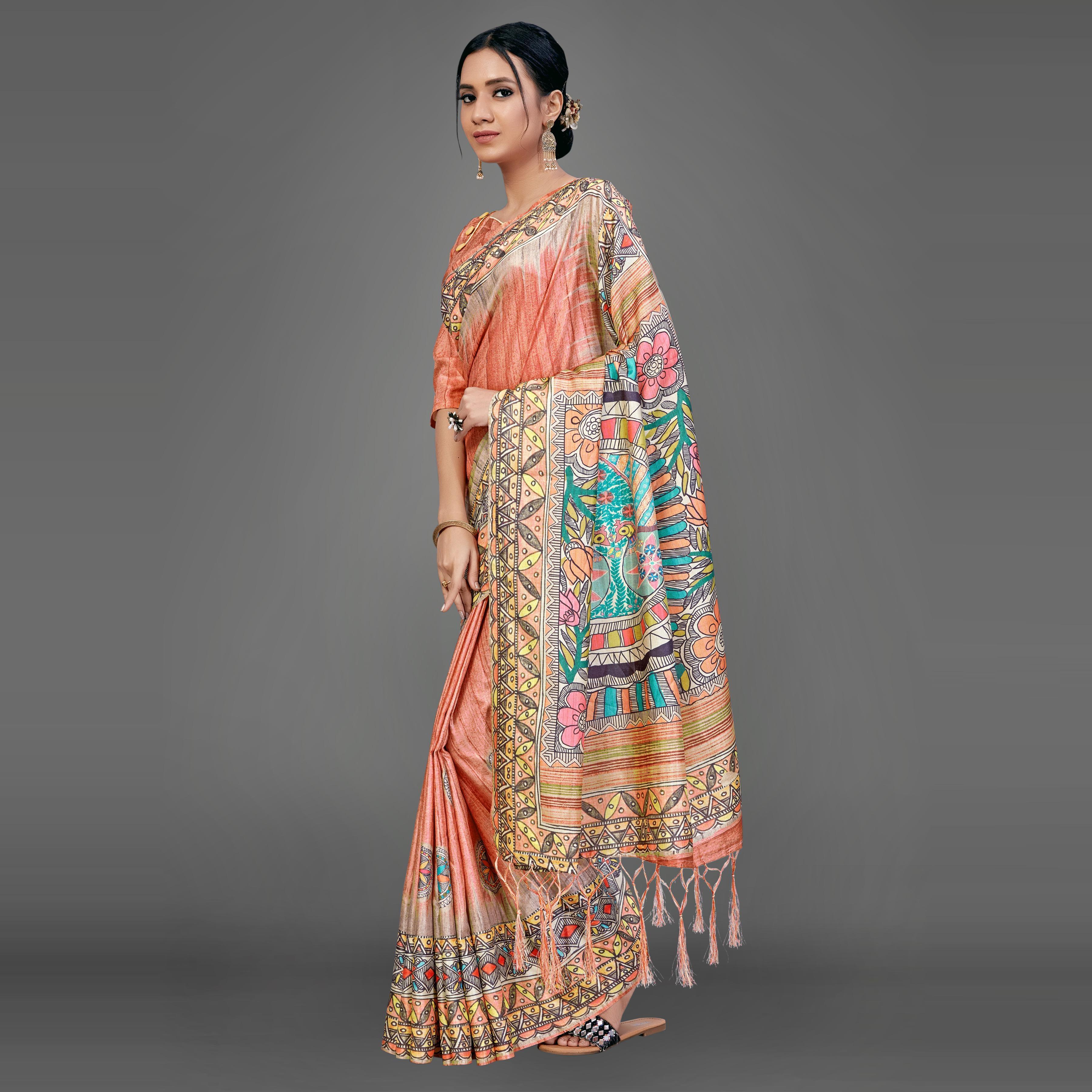 Orange Party Wear Silk Blend Geomatric Saree With Unstitched Blouse - Peachmode