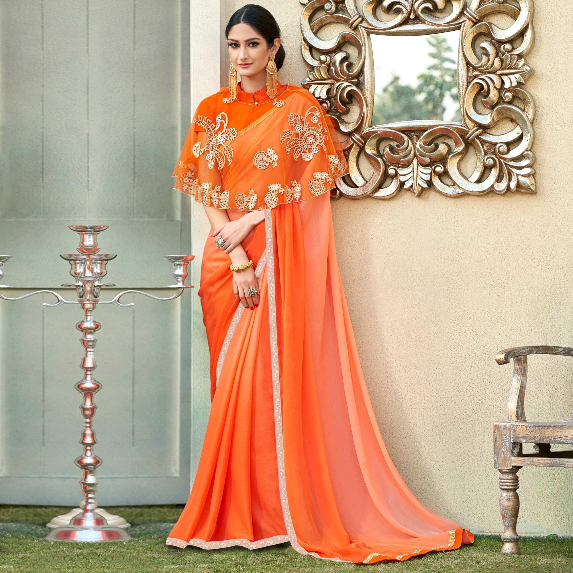 Orange Partywear Designer Embroidery Lace Border Cadbury Chiffon Saree - Peachmode