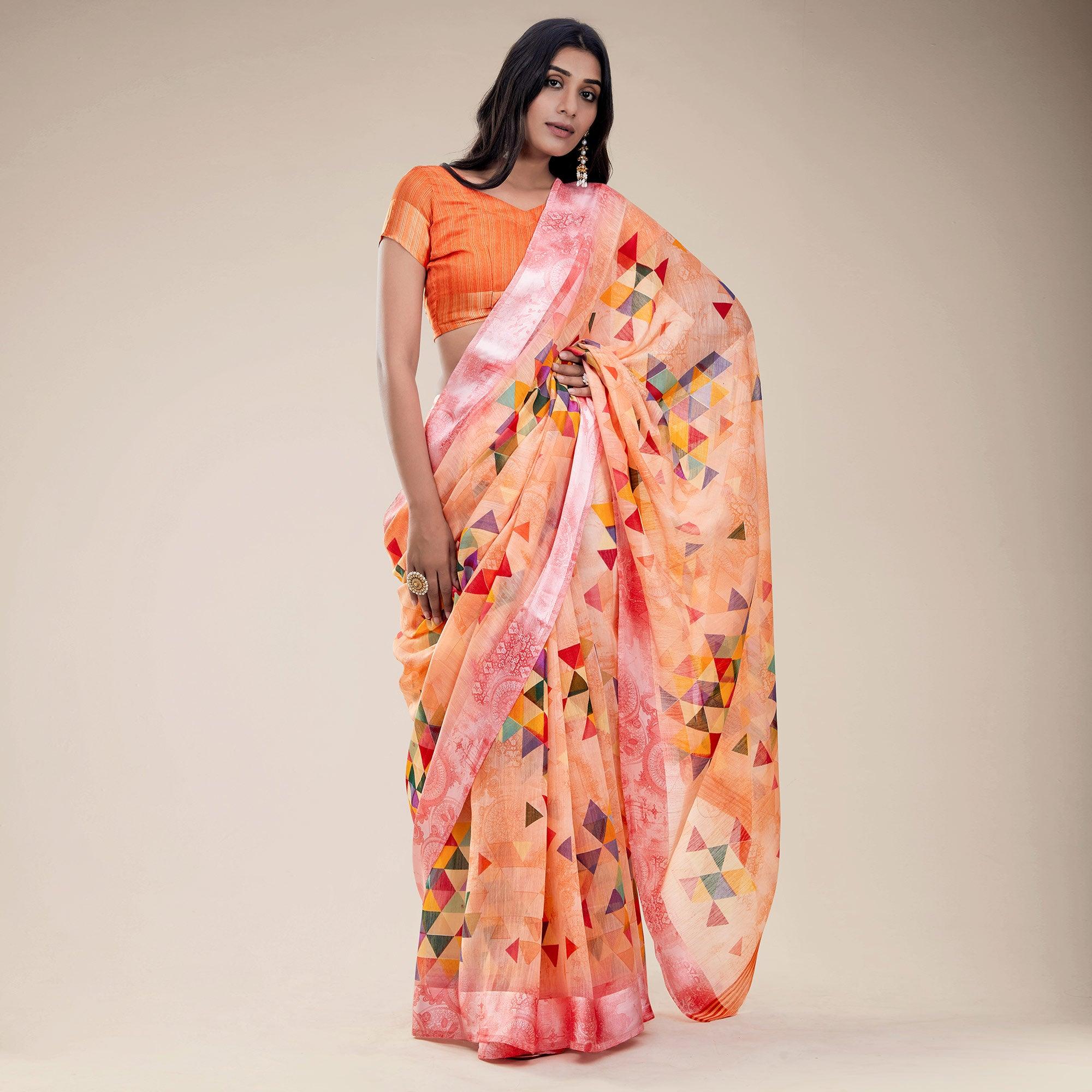 Orange Partywear Designer Geometric Printed Linen Saree - Peachmode