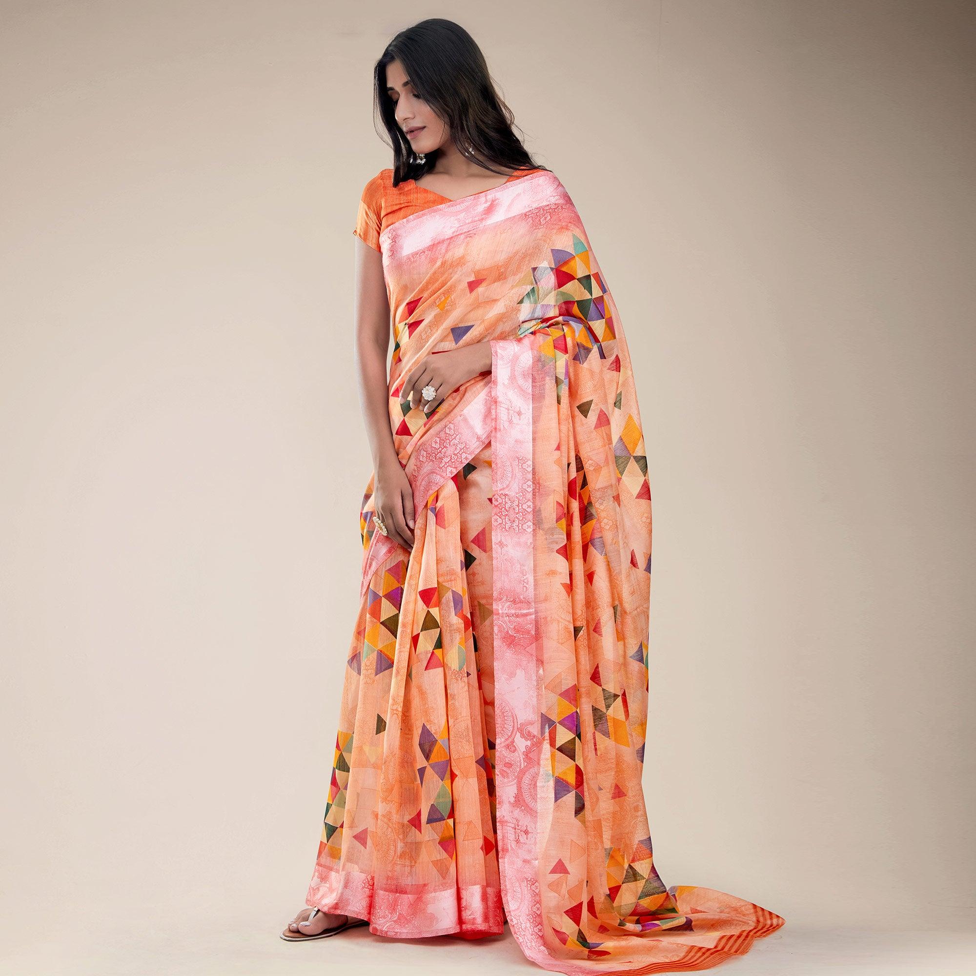 Orange Partywear Designer Geometric Printed Linen Saree - Peachmode