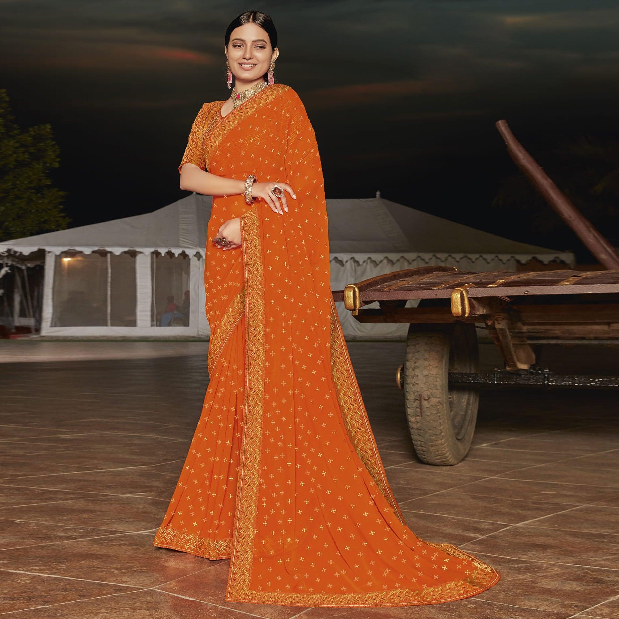 Orange Partywear Embellished Chiffon Saree - Peachmode