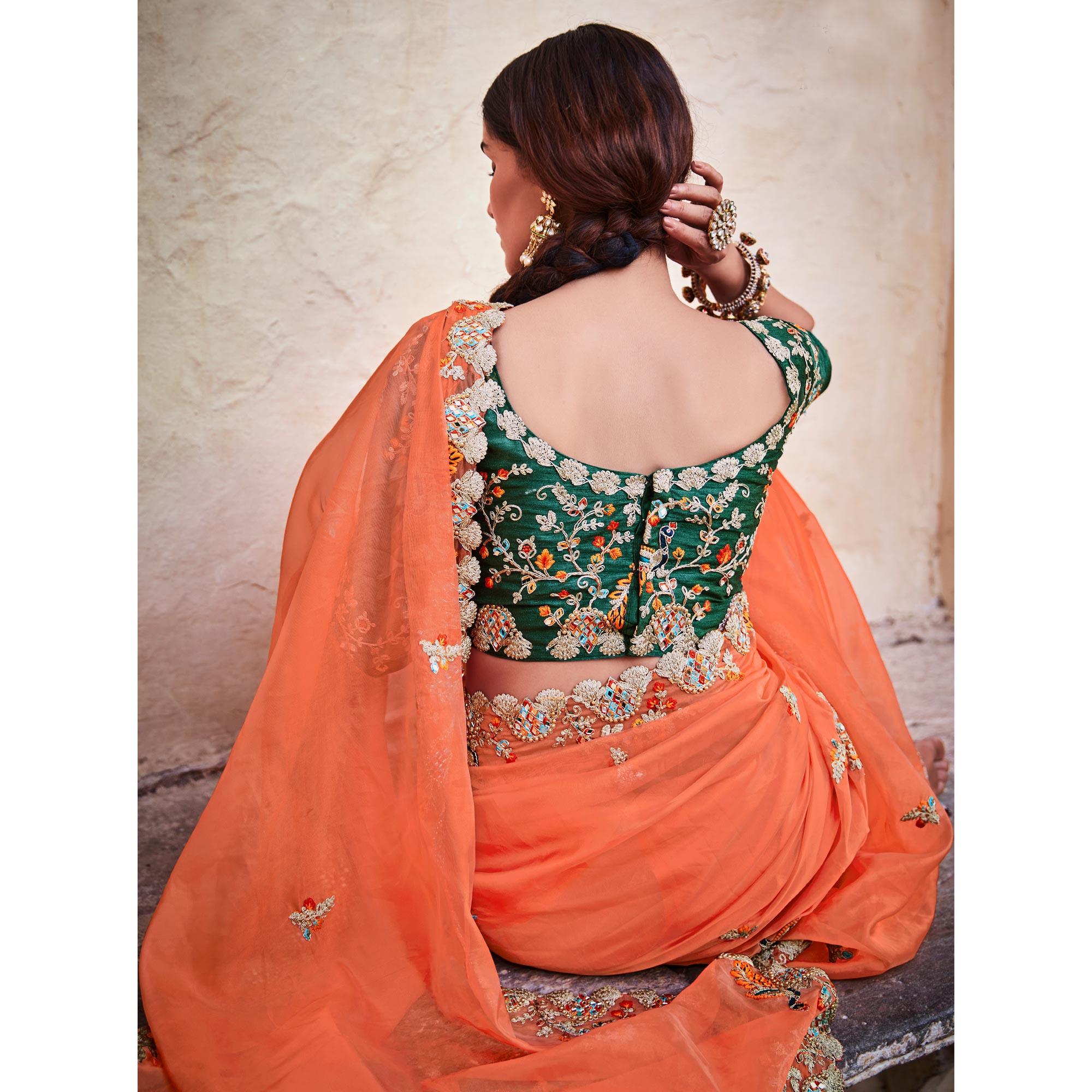 Orange Partywear Embellished Organza Saree - Peachmode