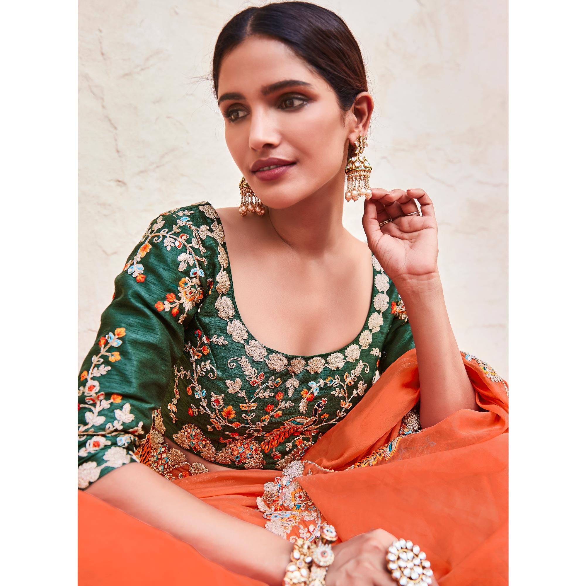 Orange Partywear Embellished Organza Saree - Peachmode