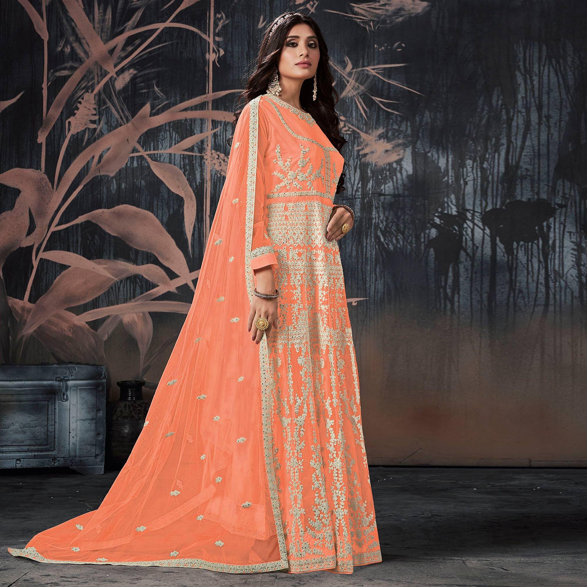 Orange Partywear Embellished With Embroidered Net Gown - Peachmode