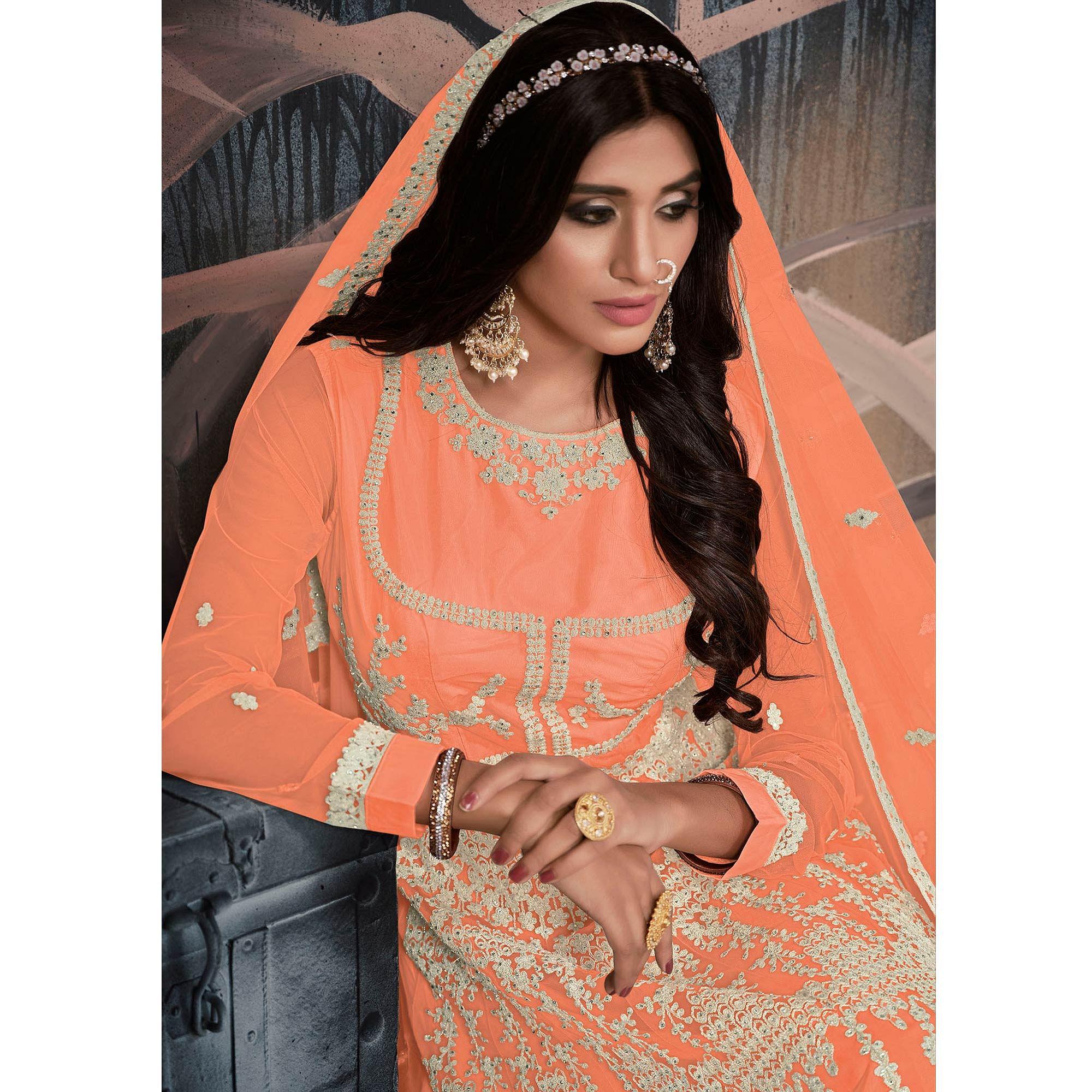 Orange Partywear Embellished With Embroidered Net Gown - Peachmode