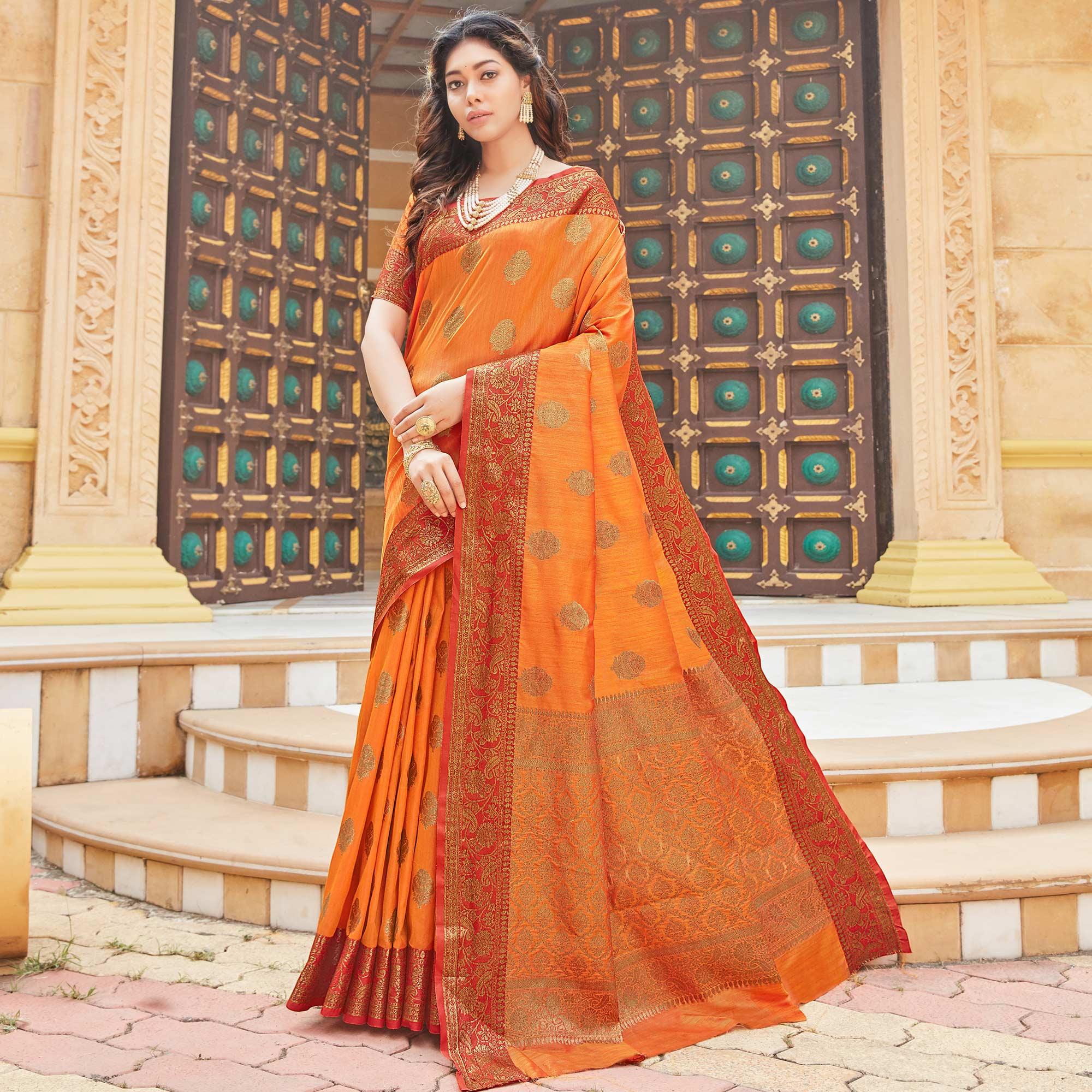 Orange Partywear Embroidered Designer Geometric Silk Saree - Peachmode