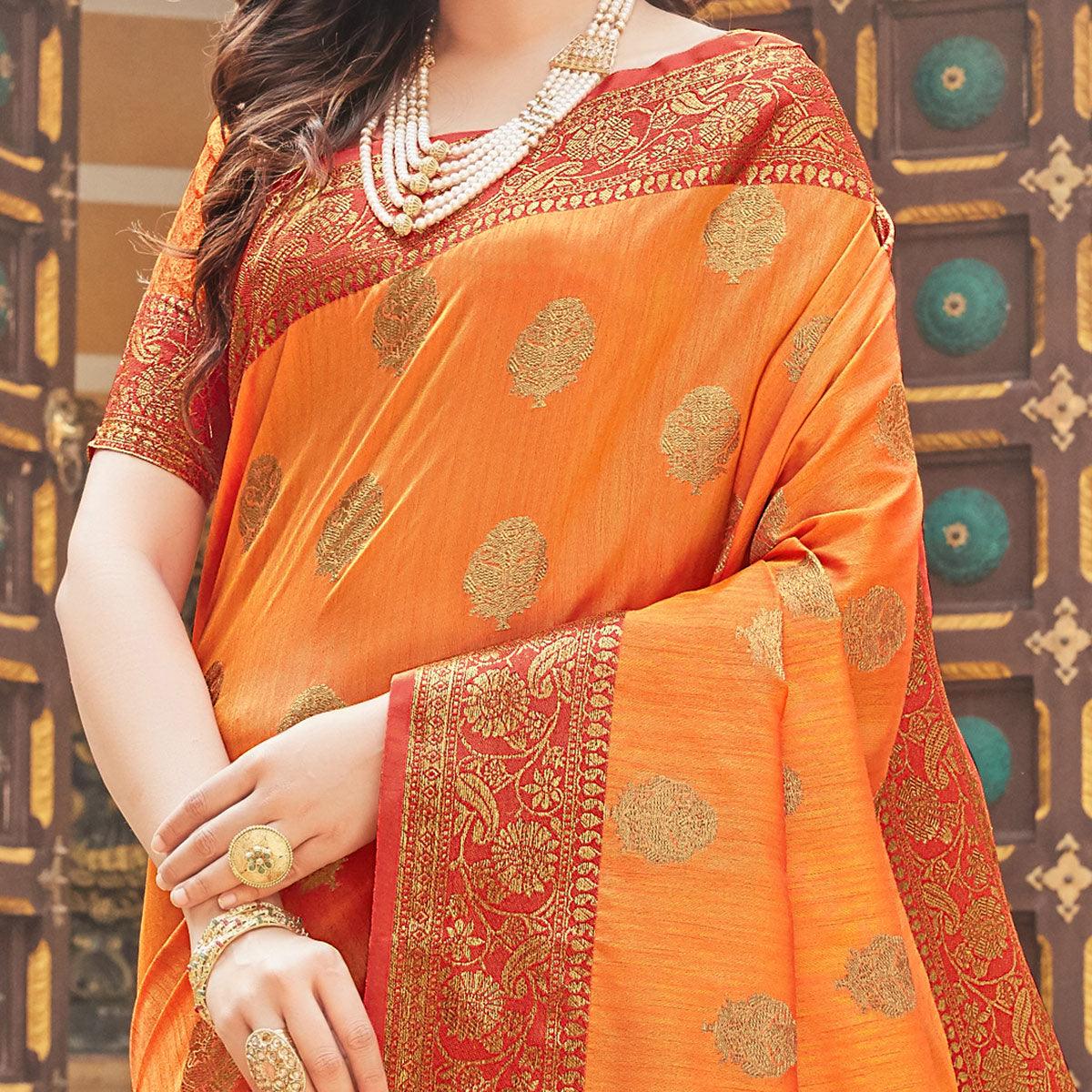 Orange Partywear Embroidered Designer Geometric Silk Saree - Peachmode