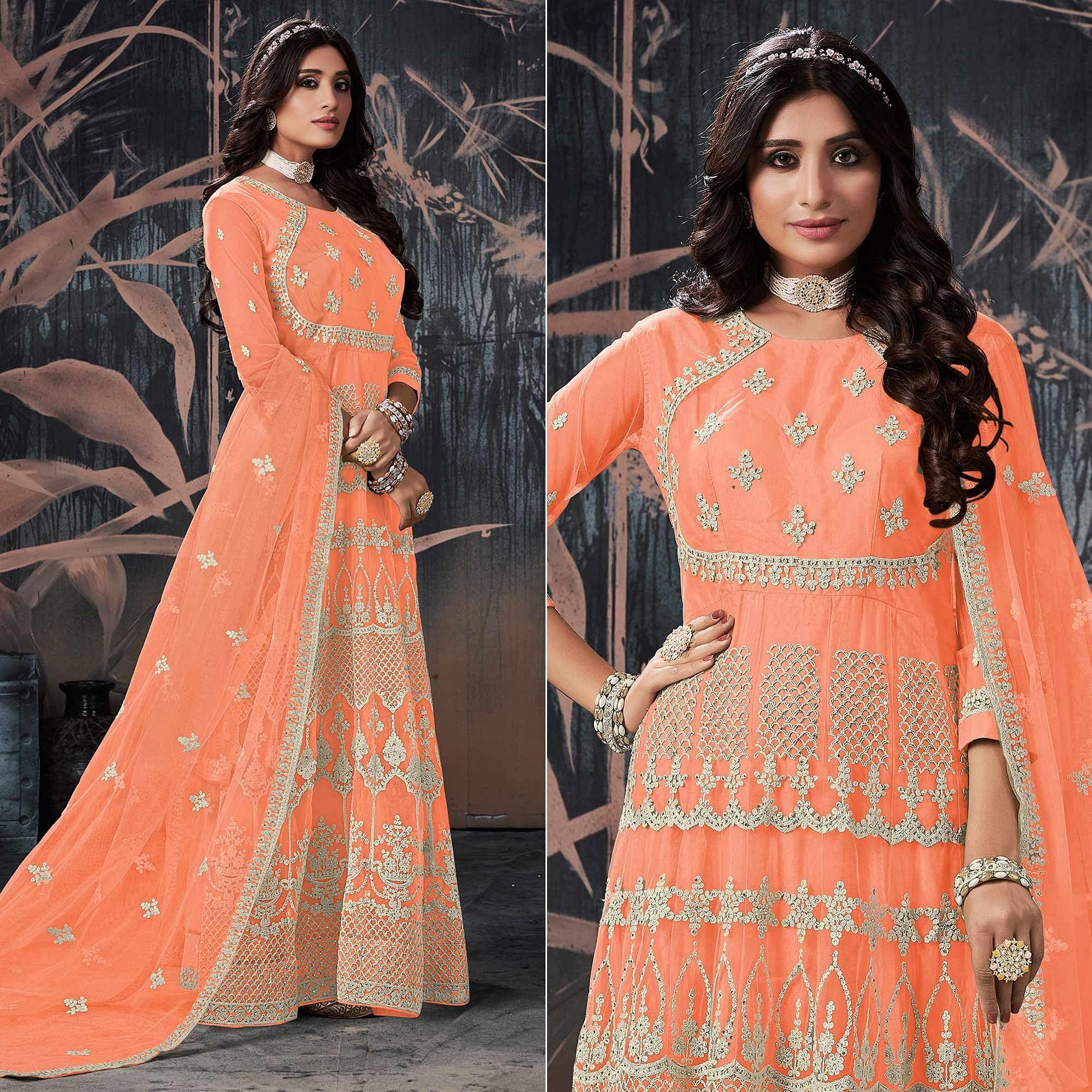 Orange Partywear Embroidery With Embellished Net Gown - Peachmode