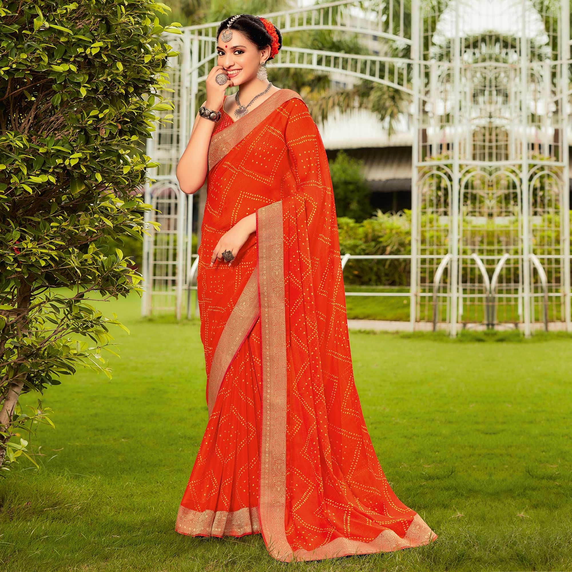 Orange Partywear Printed Chiffon Saree With Border - Peachmode