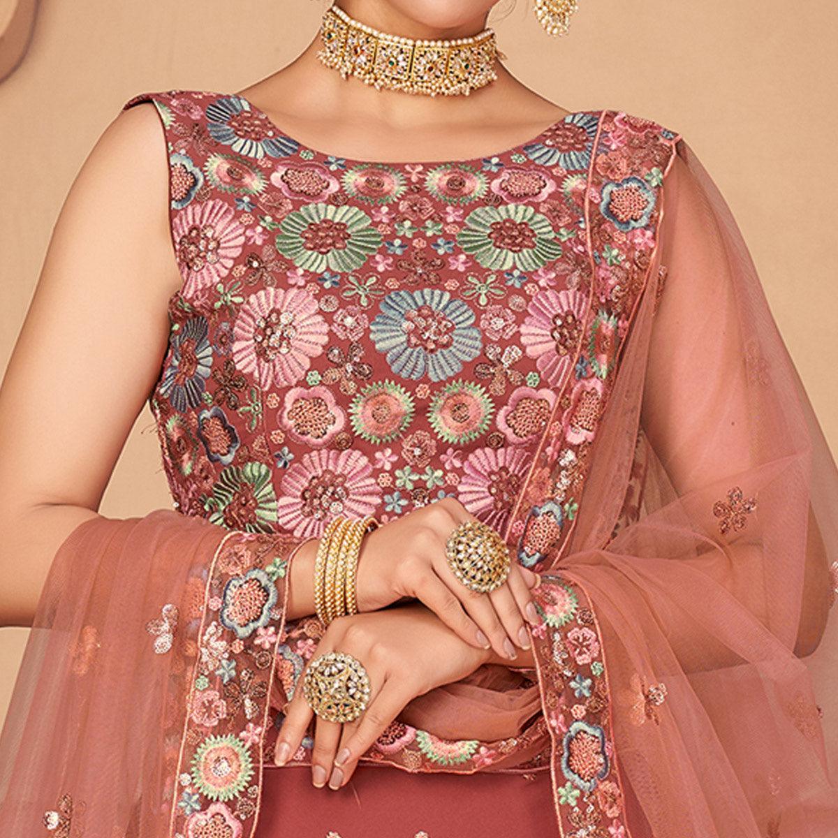 Orange Partywear Thread With Sequence Floral Embroidered Georgette Lehenga Choli - Peachmode