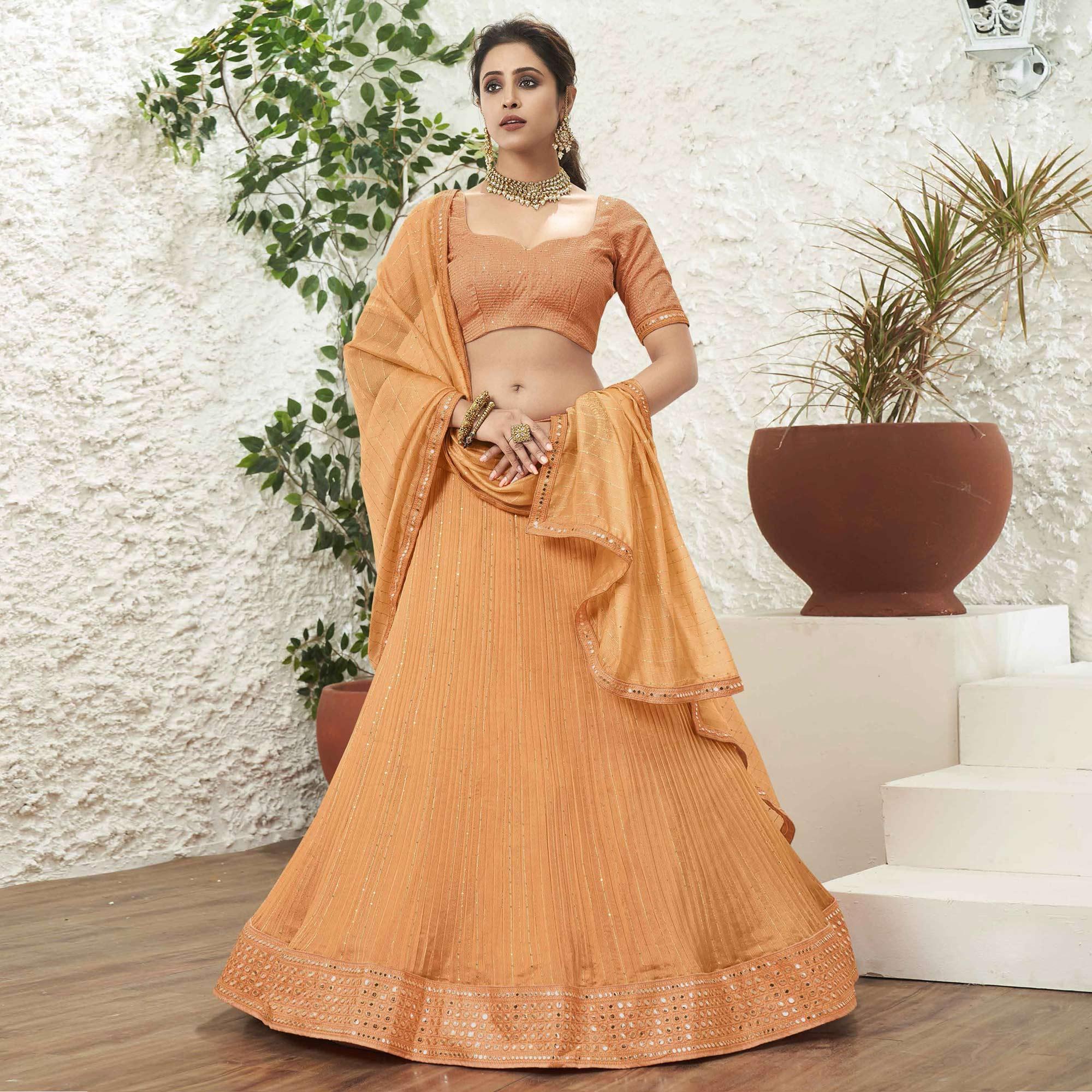 Orange Partywear Zari Sequence Embroidered Organza Lehenga Choli - Peachmode