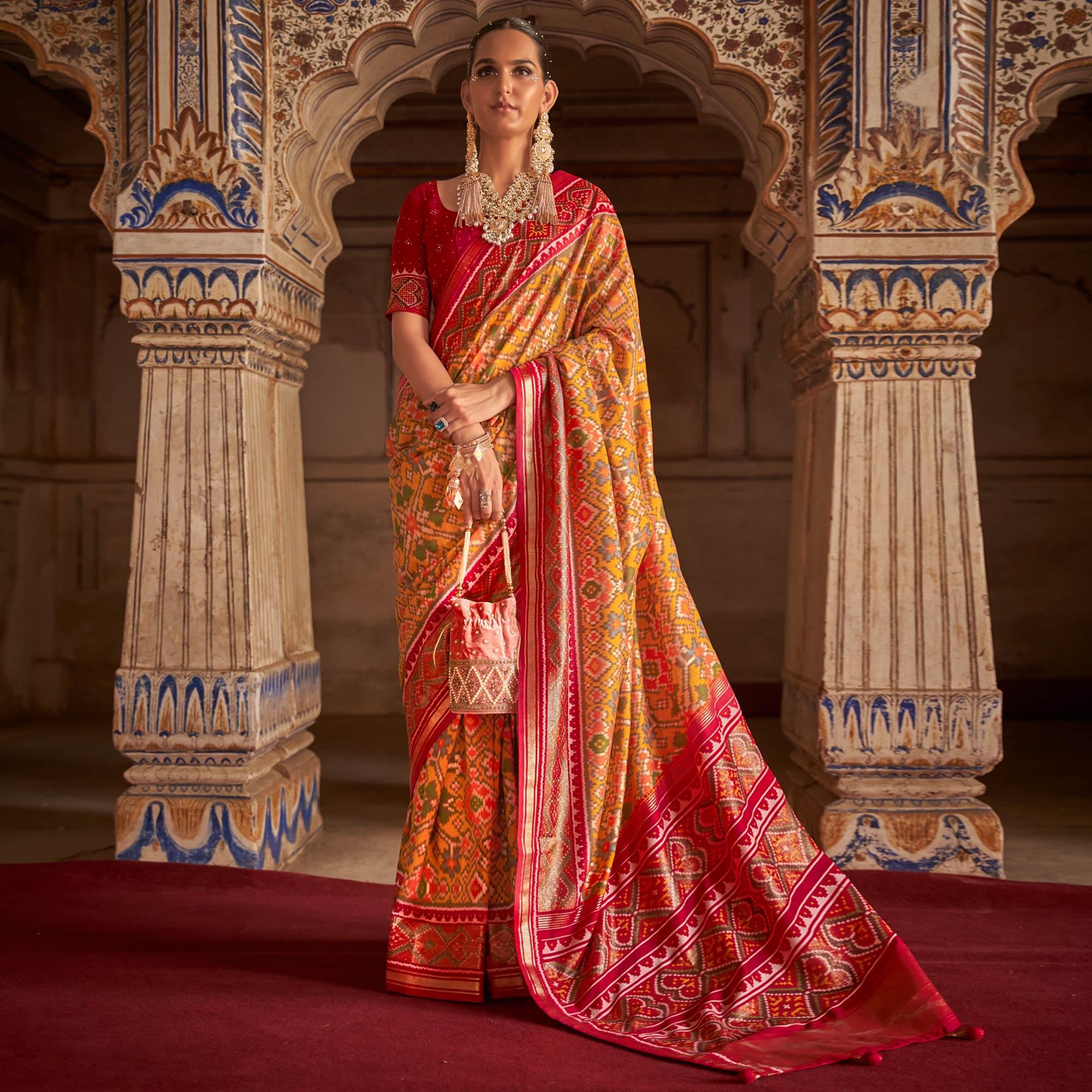 Orange Patola Printed Art Silk Saree - Peachmode