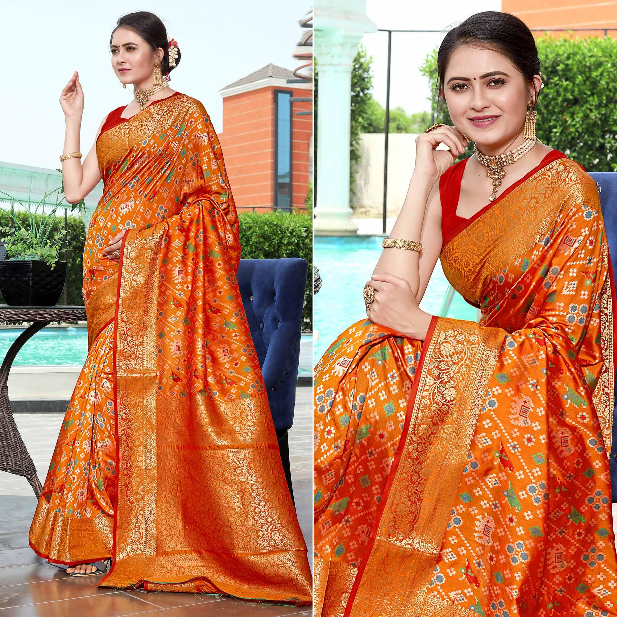 Orange Patola Printed With Woven Border Banarasi Silk Saree - Peachmode