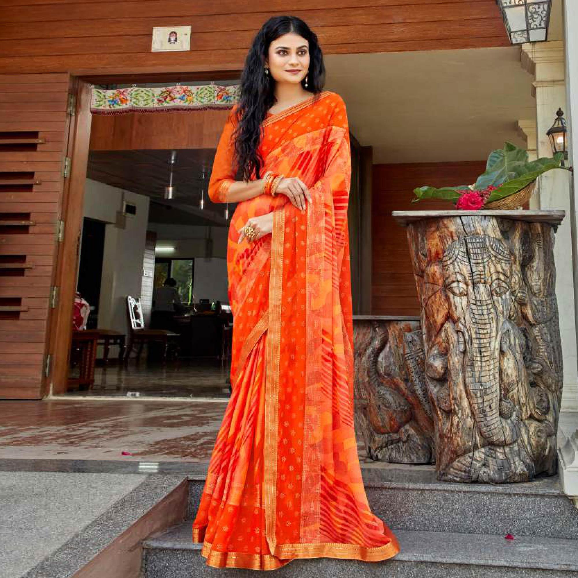 Orange - Peach Casual Wear Printed Brasso Saree - Peachmode