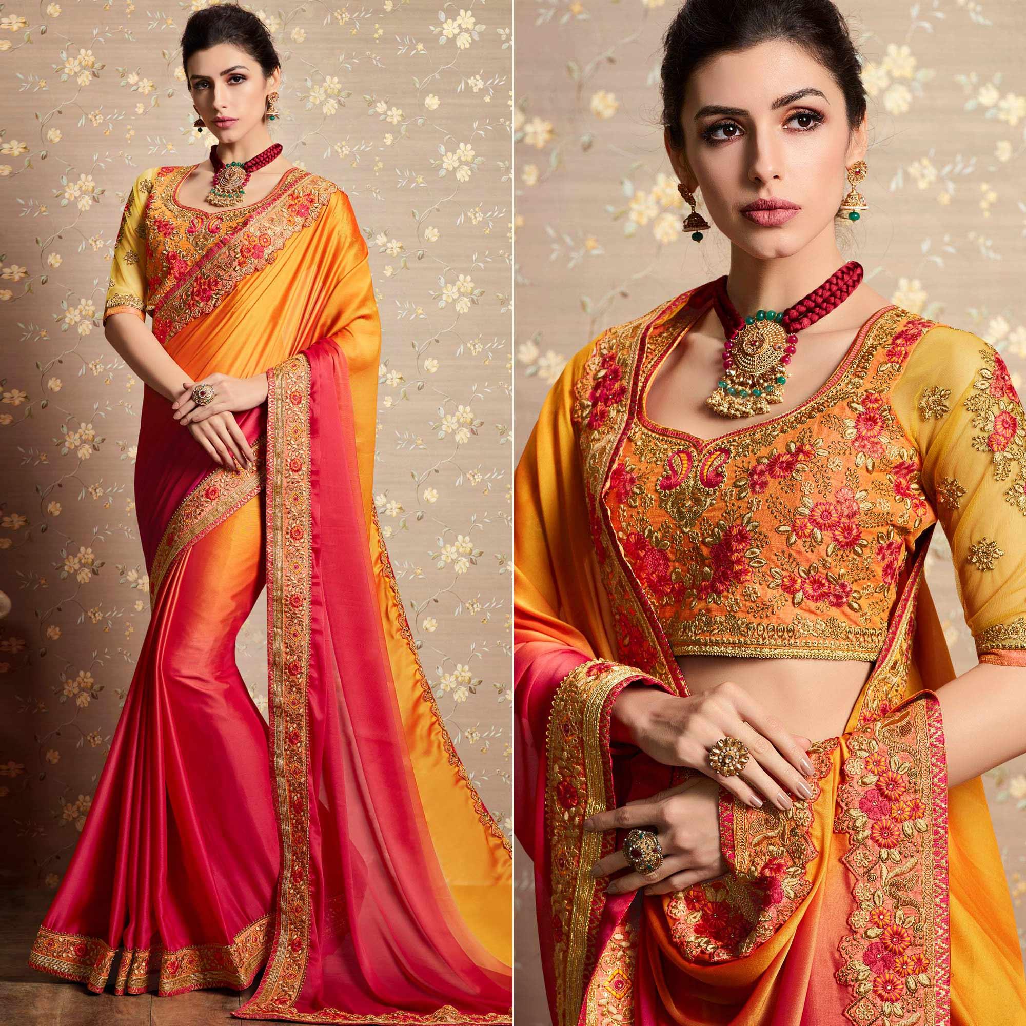 Orange - Pink Floral Embroidered Georgette Saree - Peachmode
