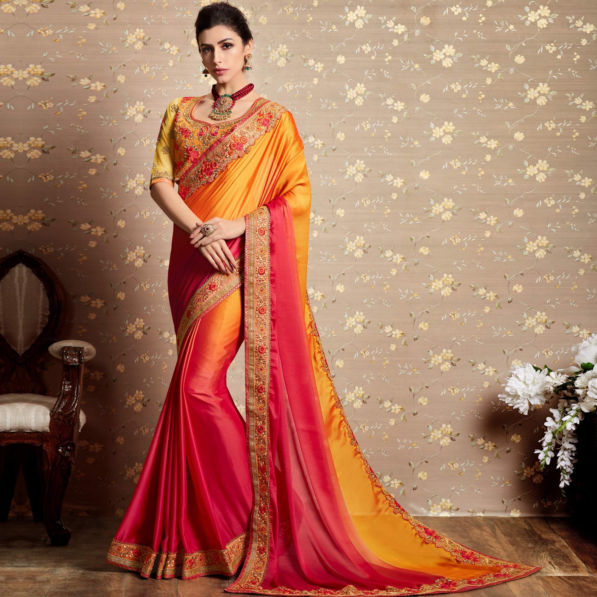Orange - Pink Floral Embroidered Georgette Saree - Peachmode