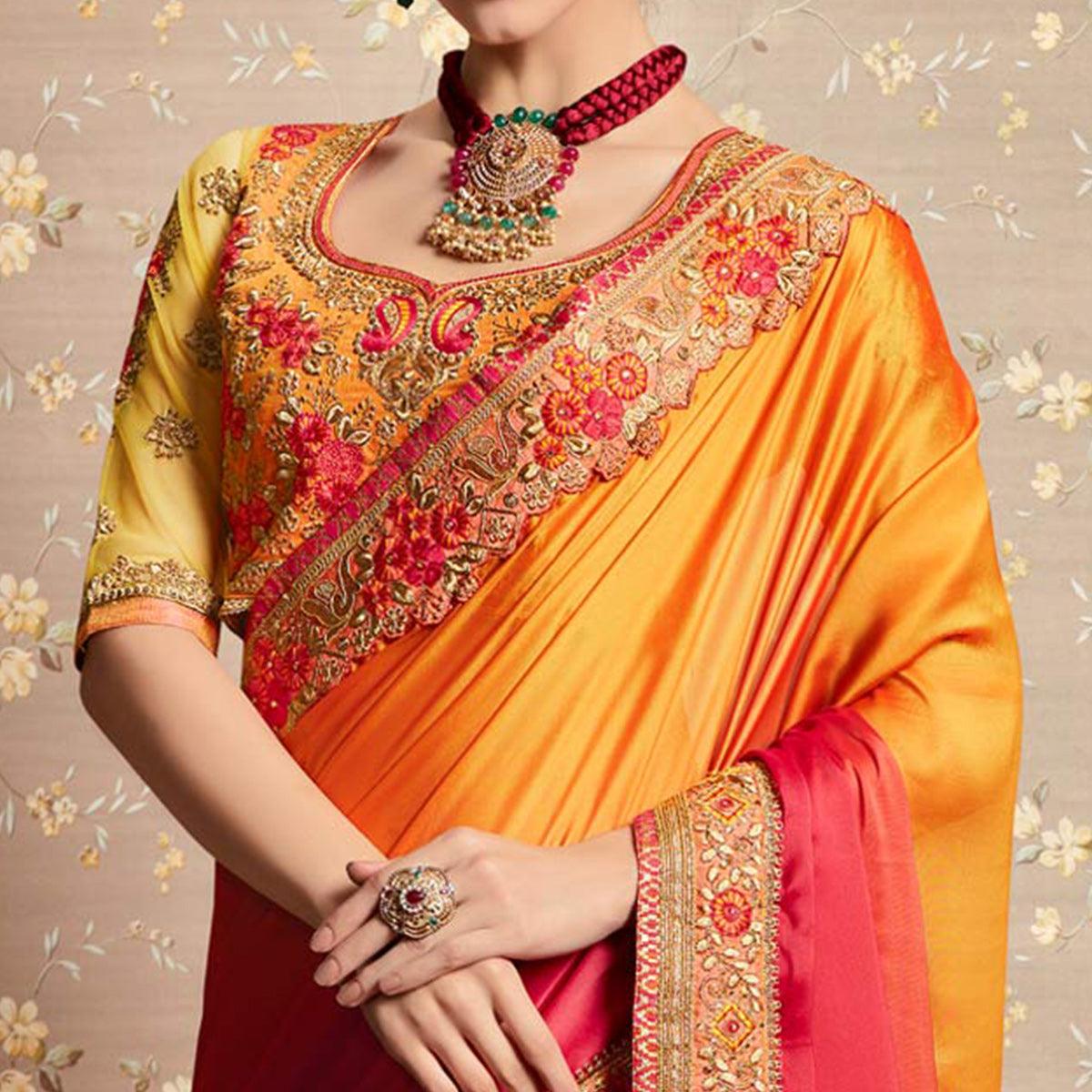 Orange - Pink Floral Embroidered Georgette Saree - Peachmode