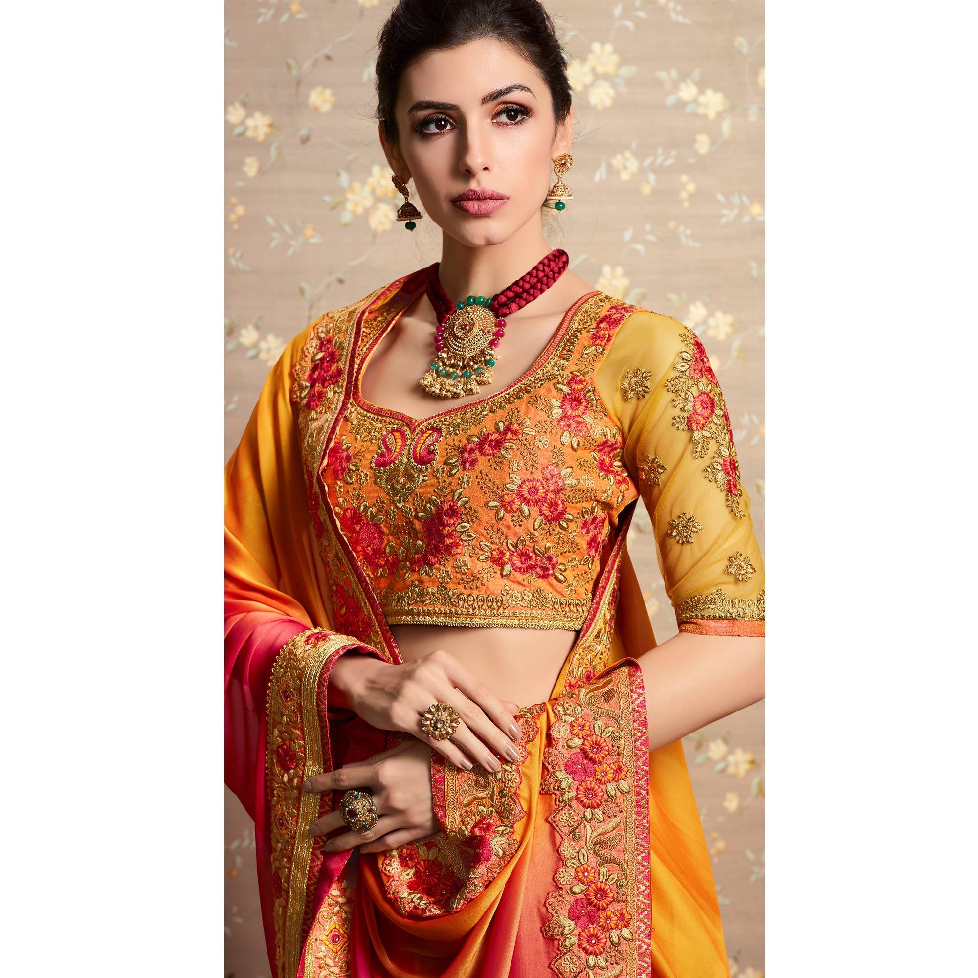 Orange - Pink Floral Embroidered Georgette Saree - Peachmode