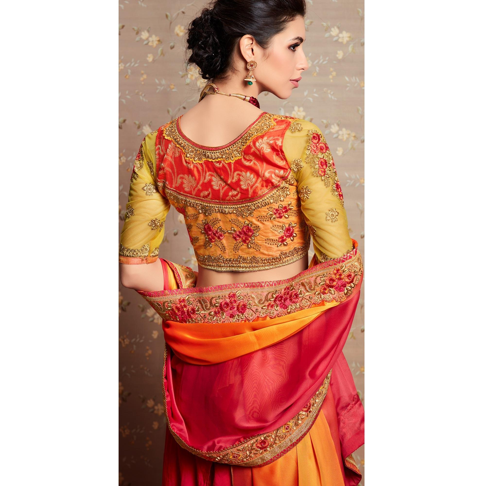Orange - Pink Floral Embroidered Georgette Saree - Peachmode