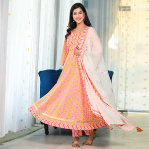 Orange-Pink Partywear Embroidered With Floral Print Cotton Anarkali Suit - Peachmode