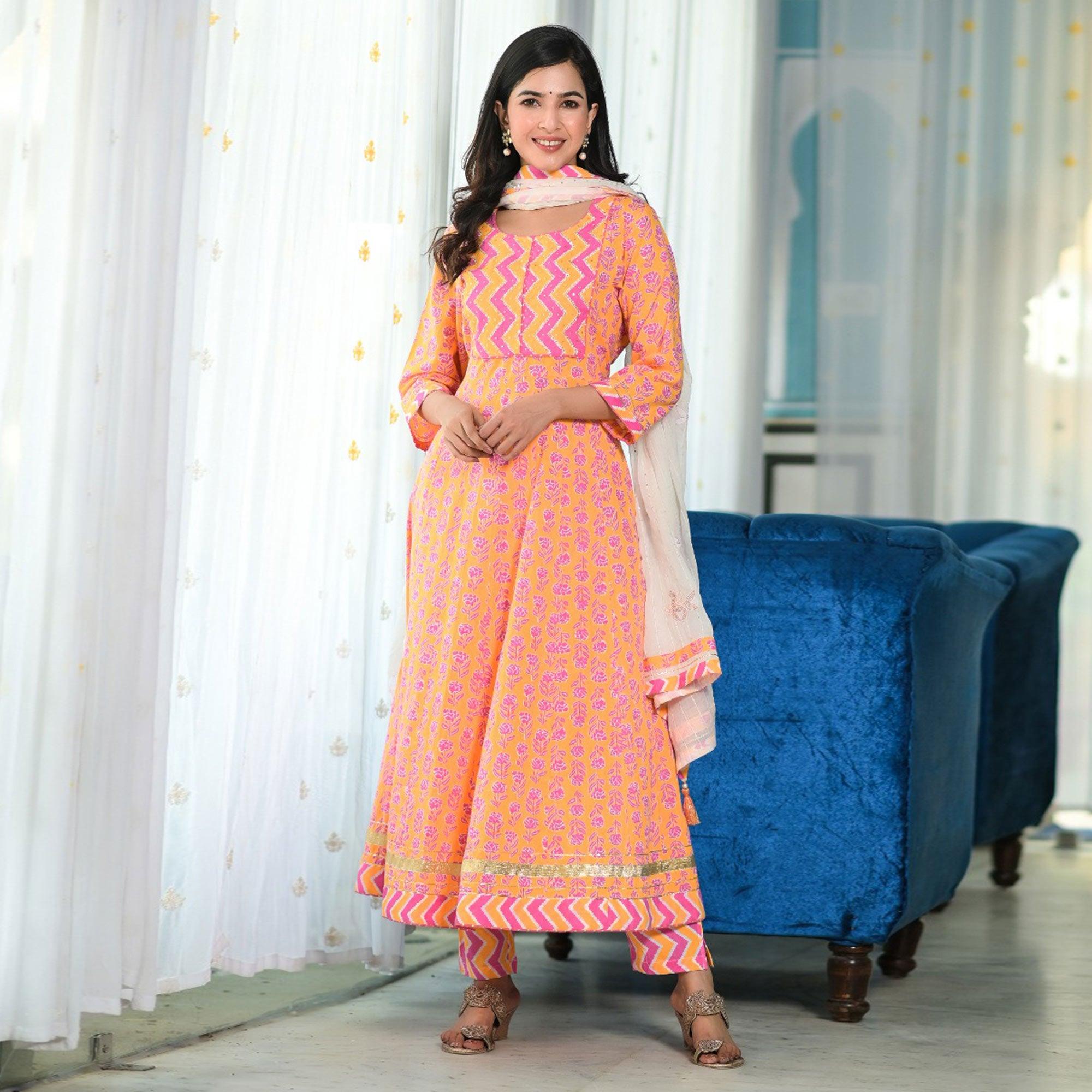 Orange-Pink Partywear Embroidered With Floral Print Cotton Anarkali Suit - Peachmode