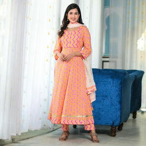 Orange-Pink Partywear Embroidered With Floral Print Cotton Anarkali Suit - Peachmode