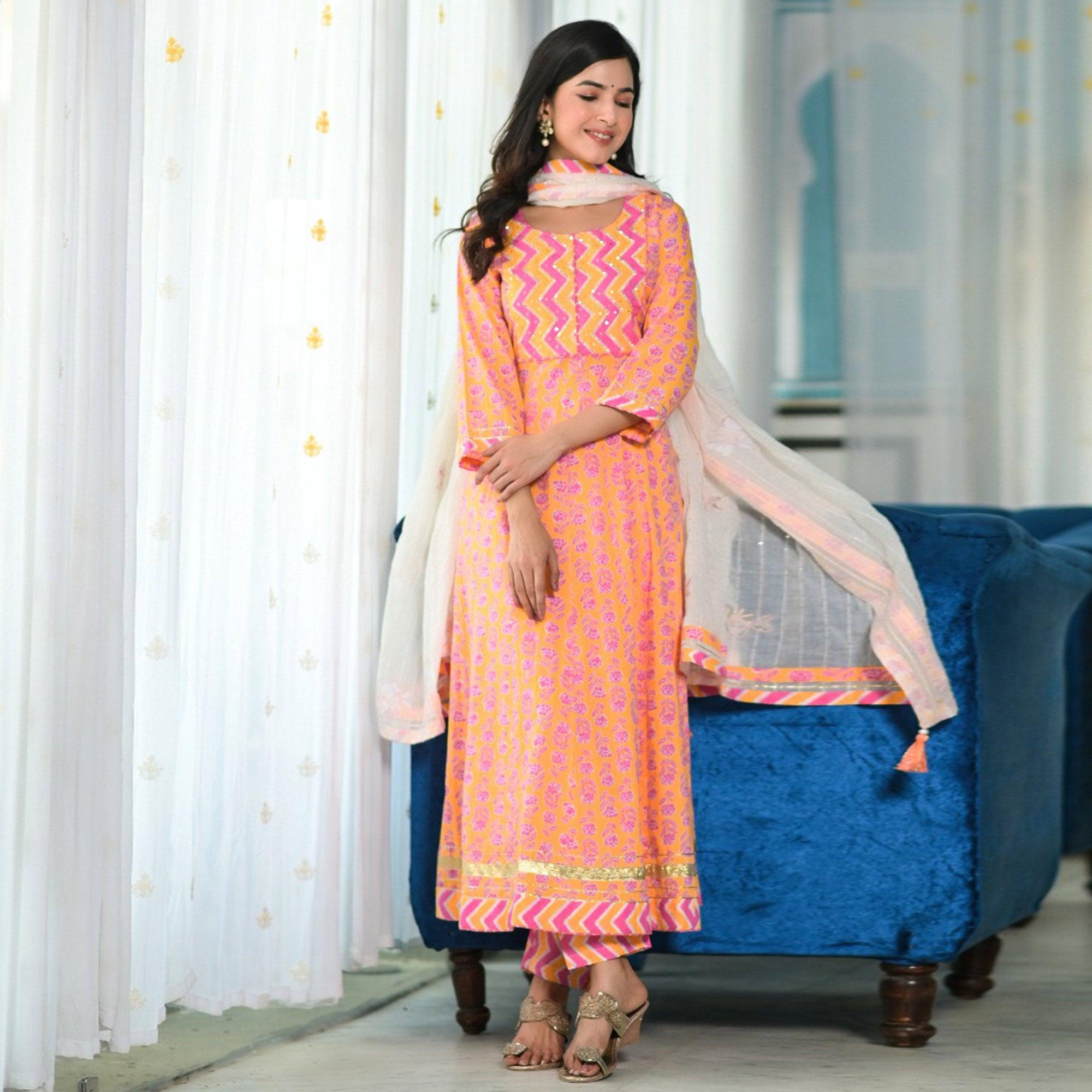Orange-Pink Partywear Embroidered With Floral Print Cotton Anarkali Suit - Peachmode