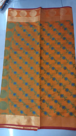 Orange Printed Banarasi Silk Saree - Peachmode
