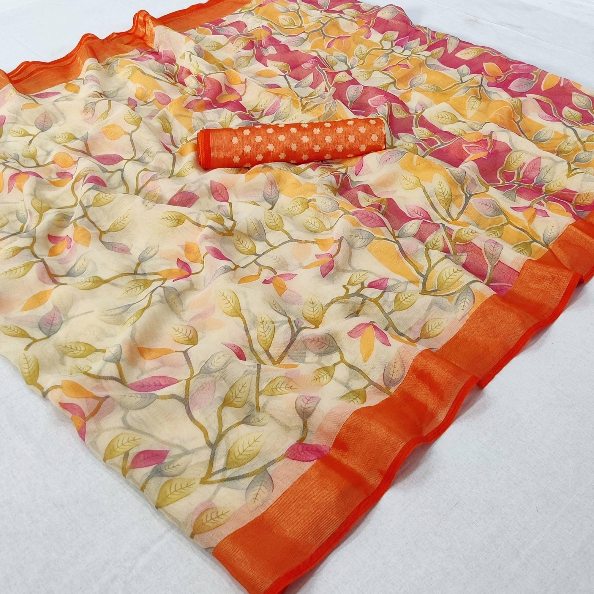 Orange Printed Chiffon Saree - Peachmode