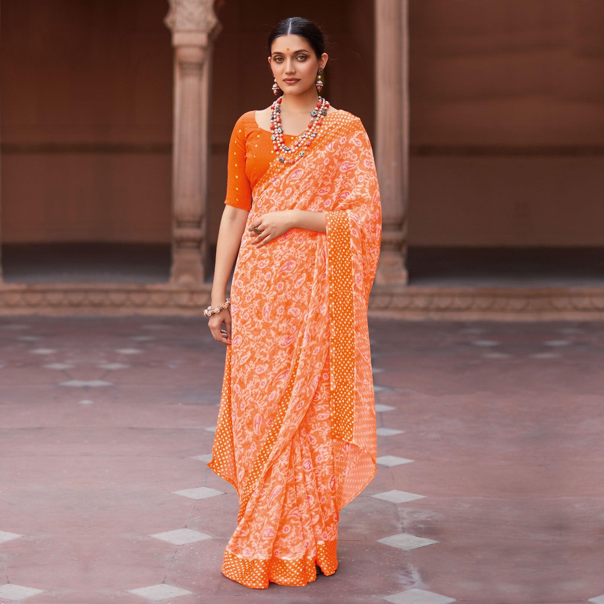 Orange Printed Chiffon Saree - Peachmode