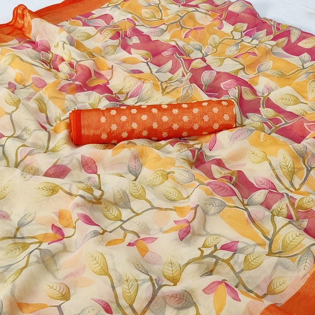 Orange Printed Chiffon Saree - Peachmode