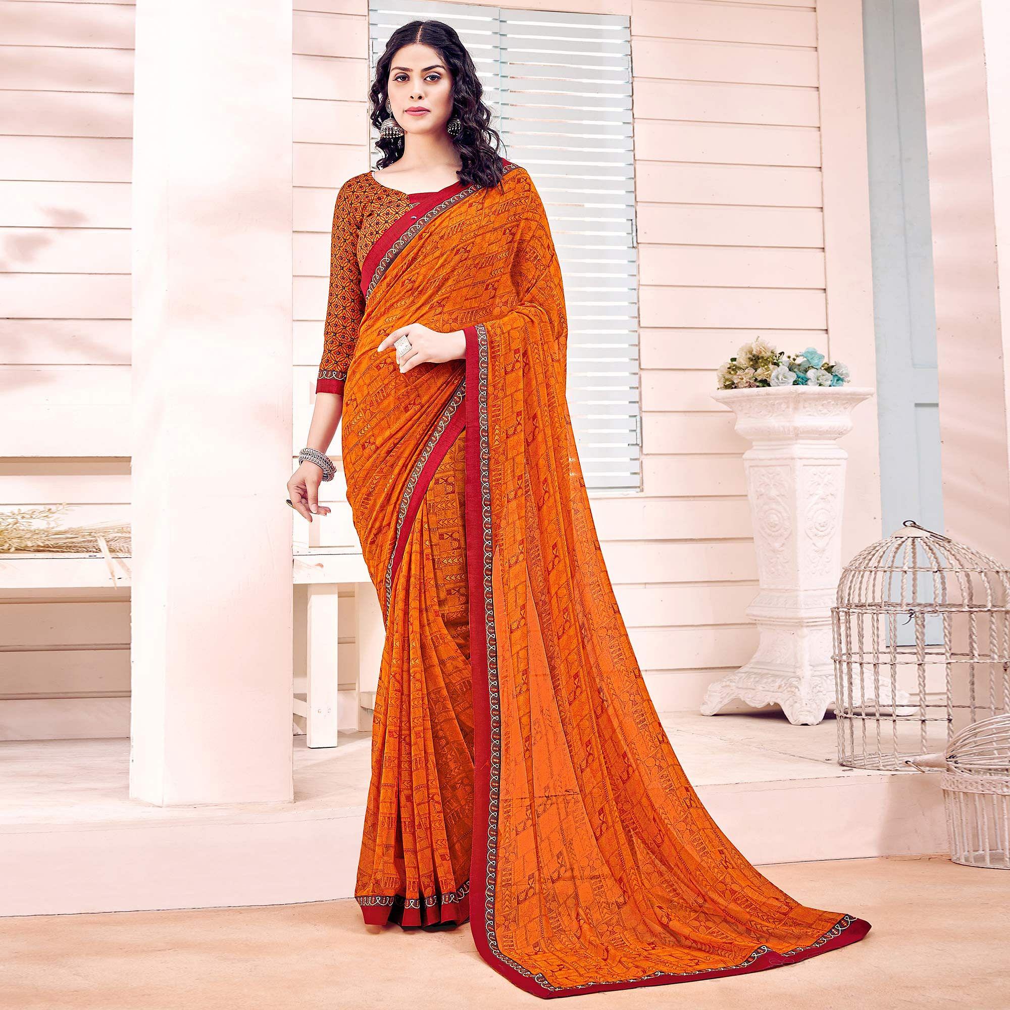 Orange Printed Georgette Saree - Peachmode