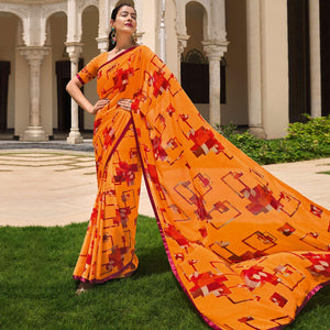Orange Printed Georgette Saree - Peachmode