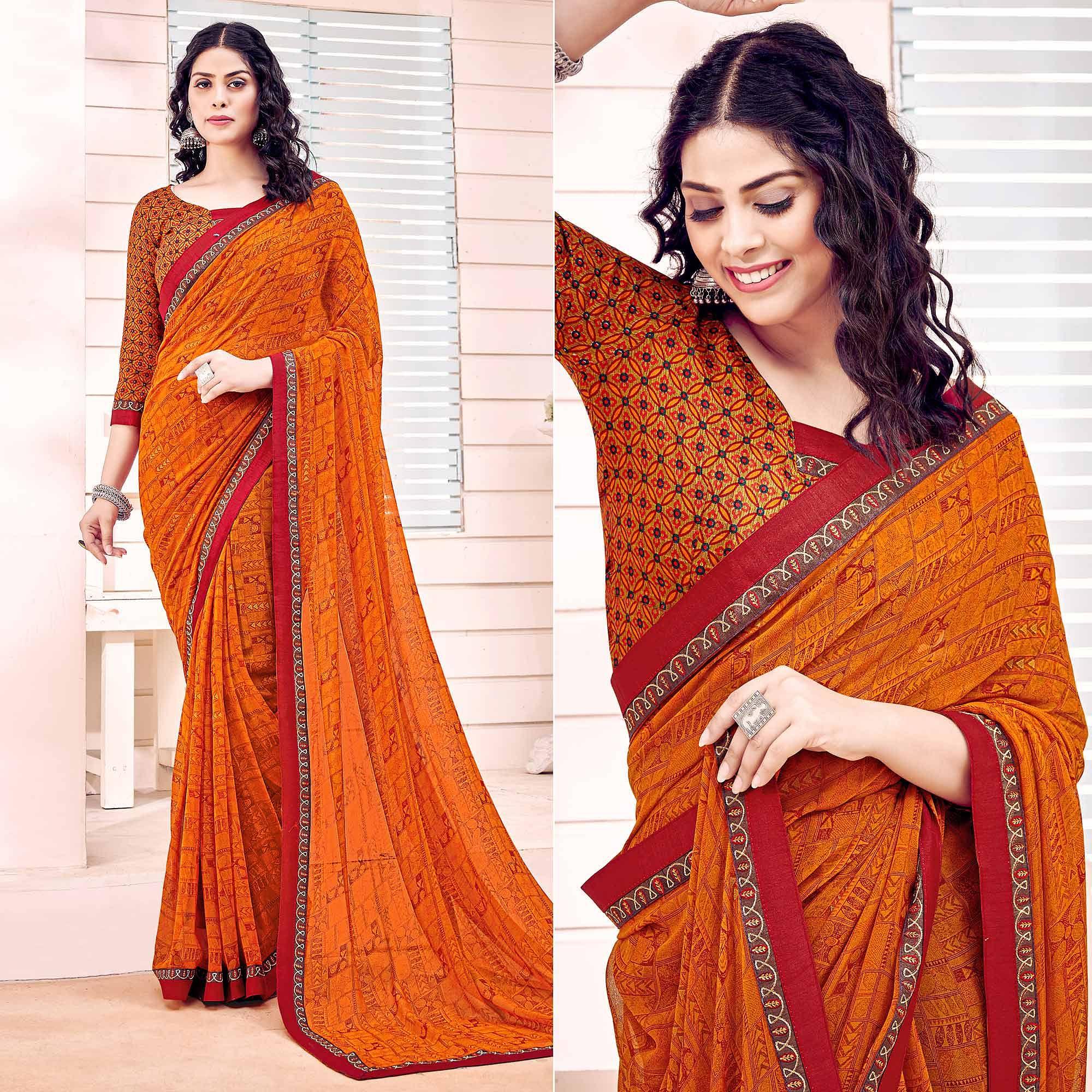 Orange Printed Georgette Saree - Peachmode