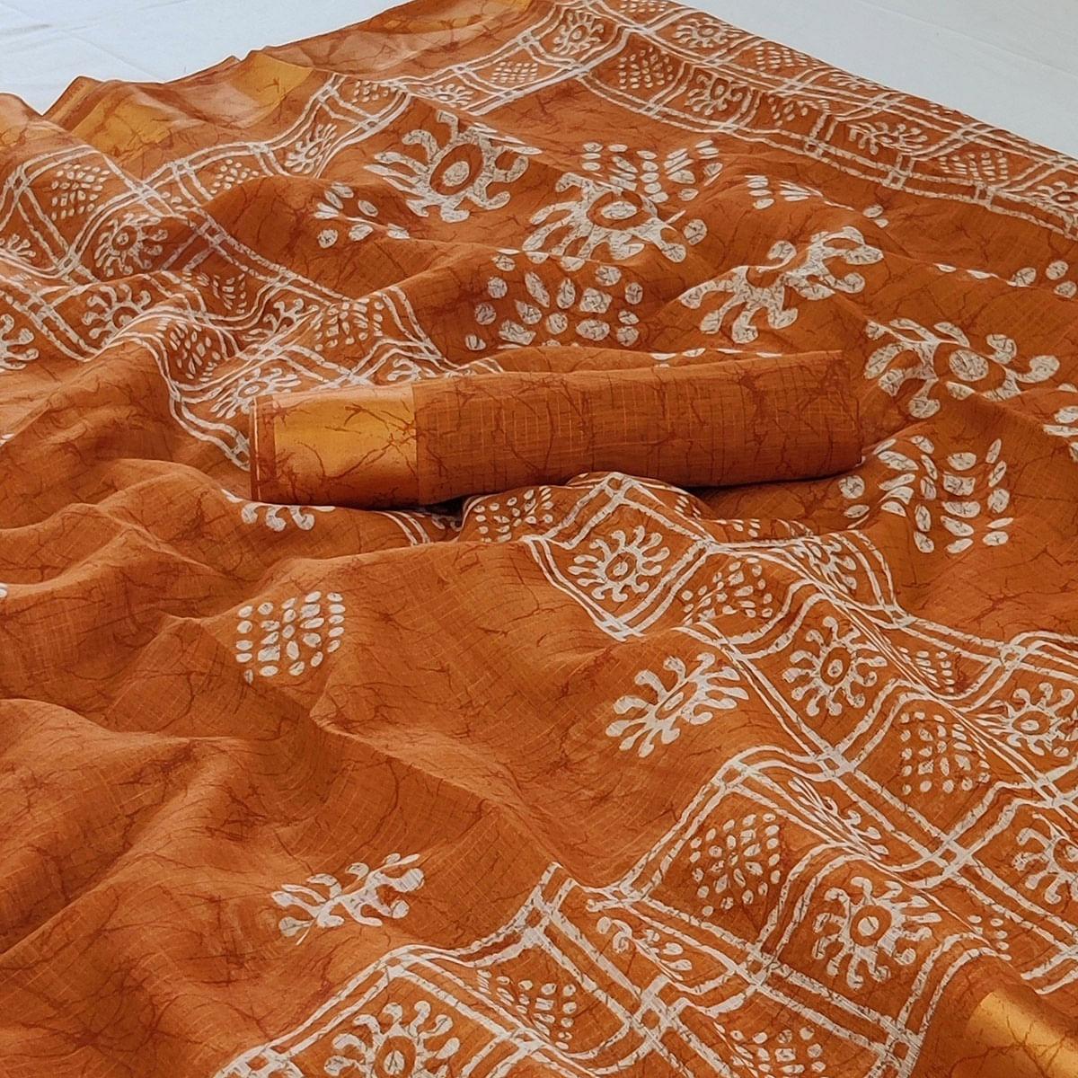 Orange Printed Linen Saree - Peachmode