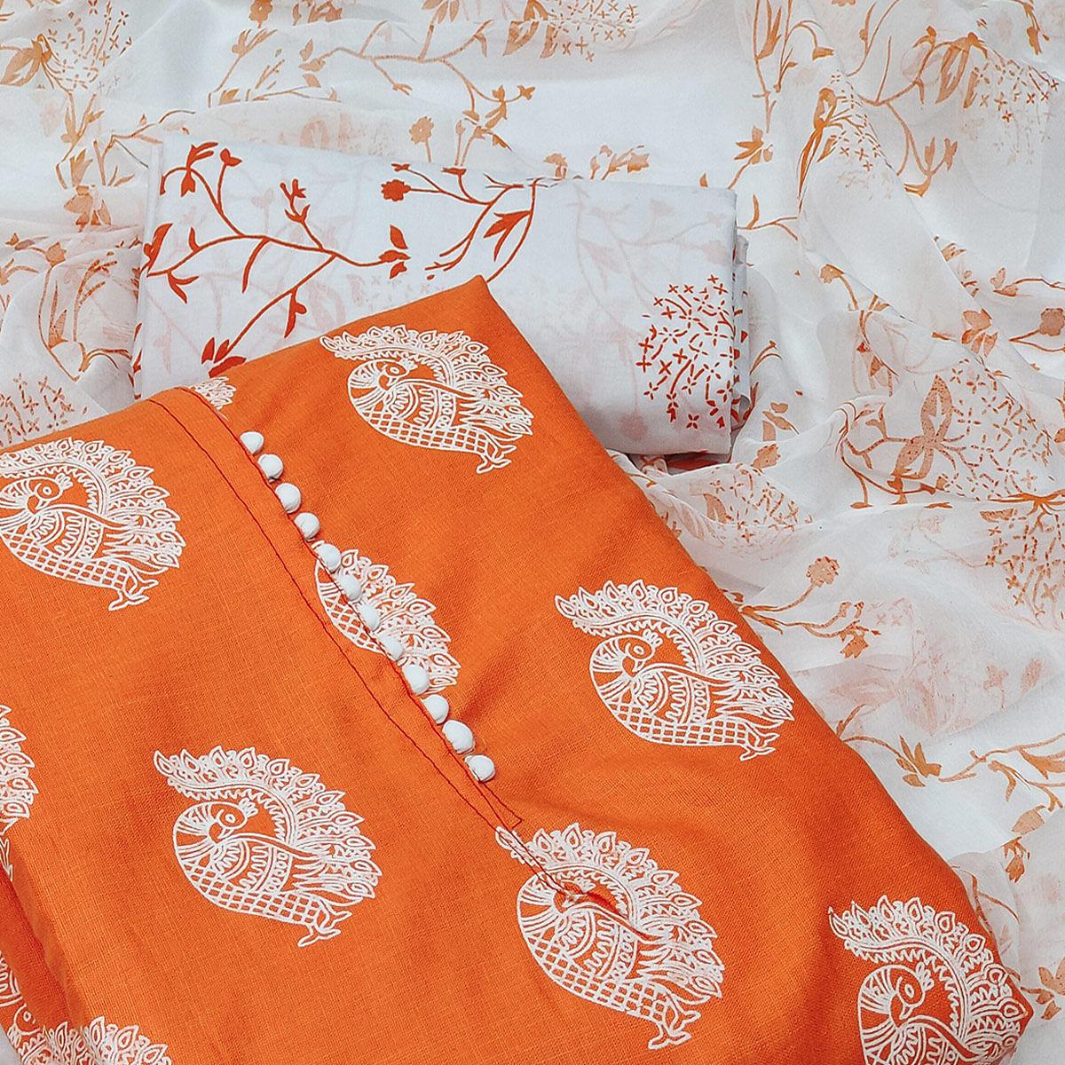 Orange Printed Poly Cotton Dress Material - Peachmode