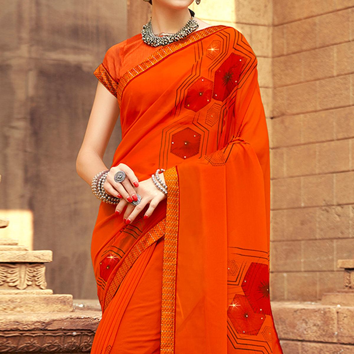 Orange Printed-Sequins Work Georgette Saree - Peachmode