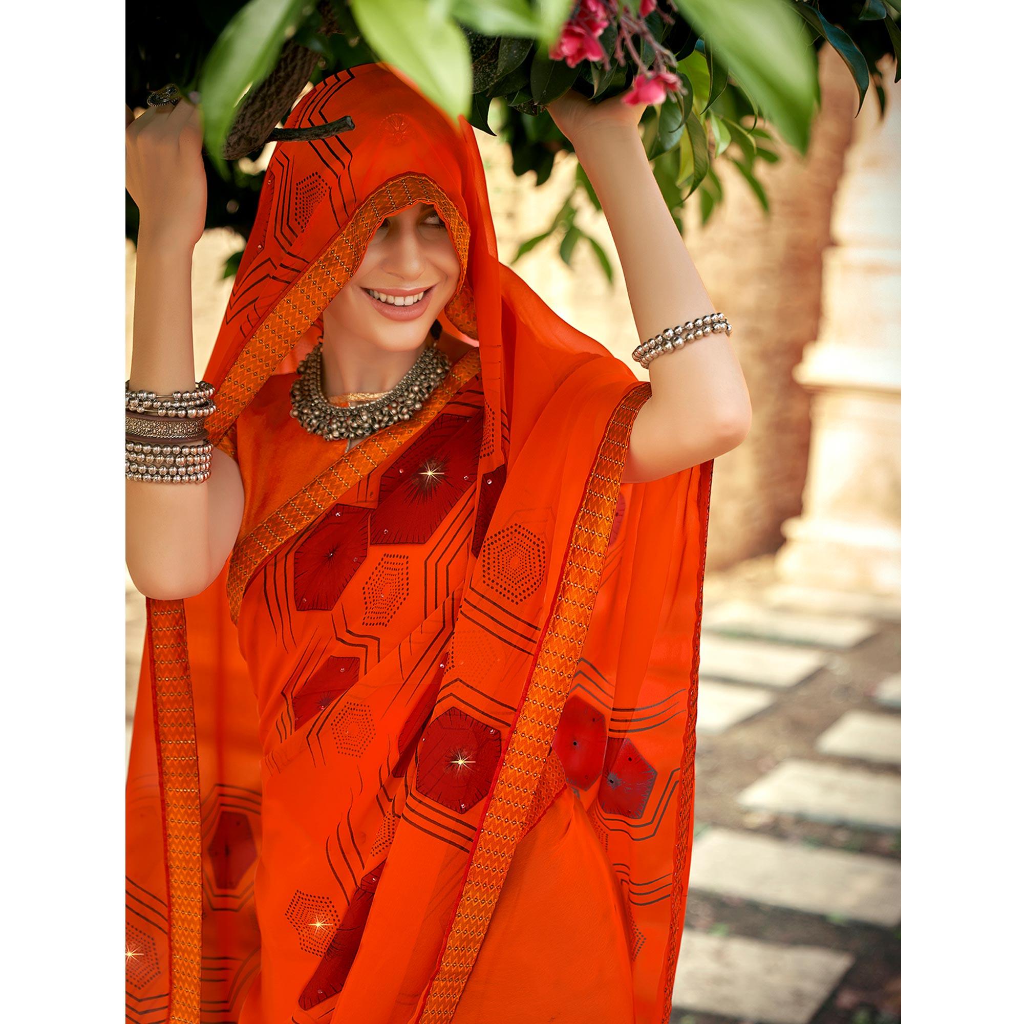 Orange Printed-Sequins Work Georgette Saree - Peachmode