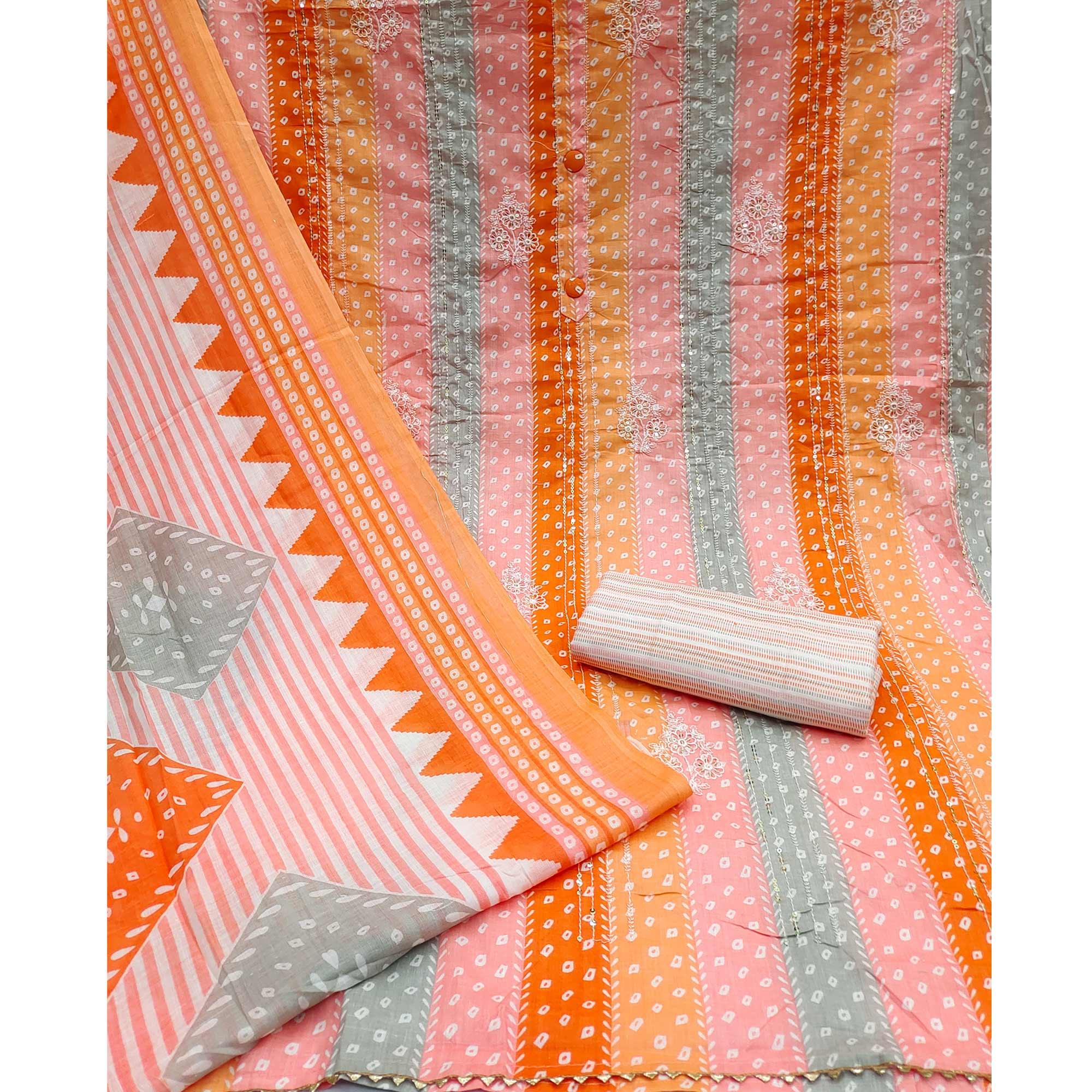 Orange Printed With Floral Embroidered Pure Cotton Dress Material - Peachmode