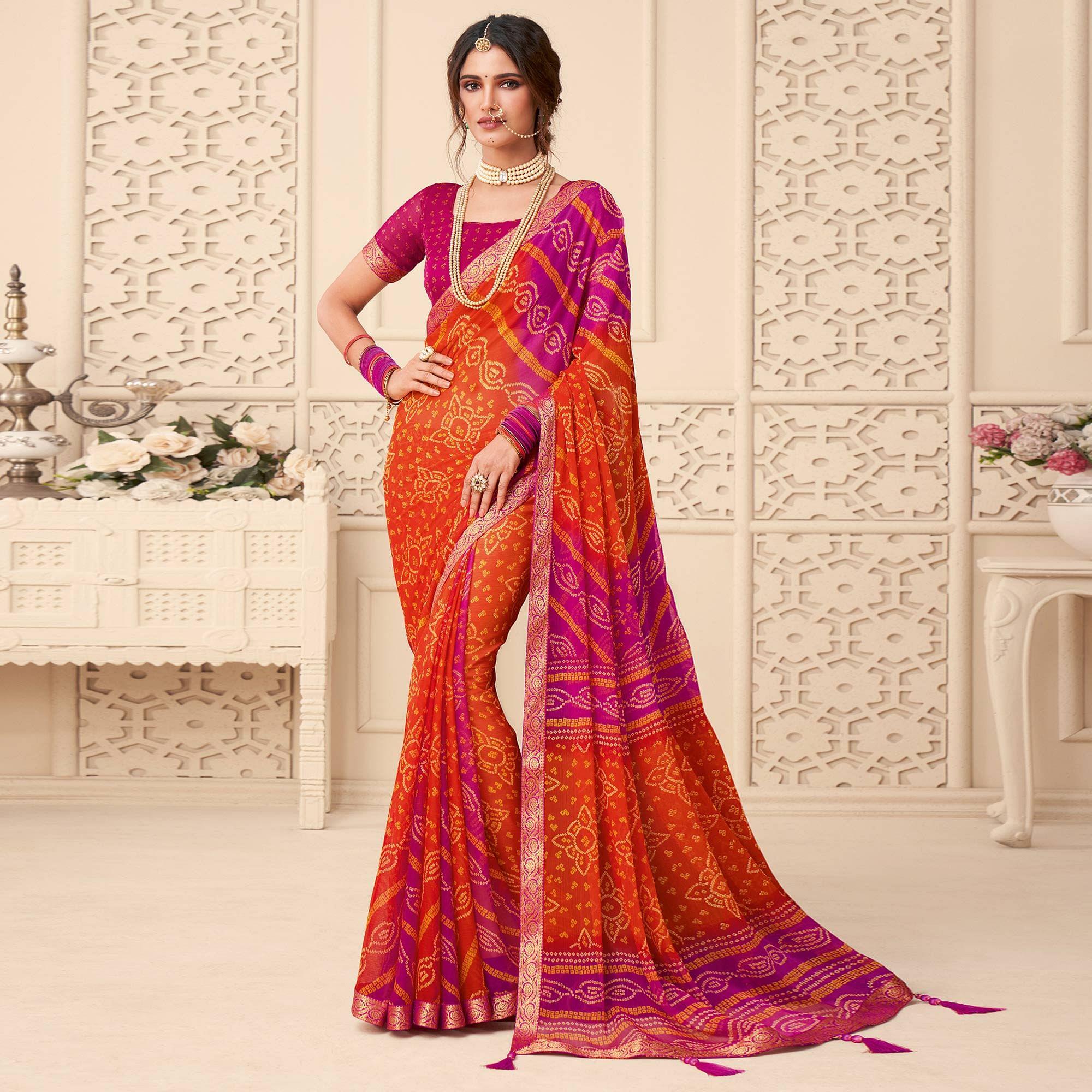 Orange-Purple Bandhani Printed Chiffon Saree With Tassels - Peachmode