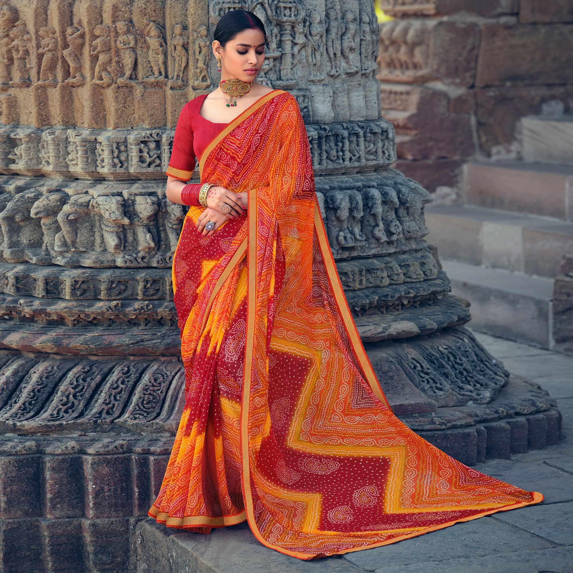 Orange-Red Casual Wear Bandhani Printed Alfino Chiffon Saree - Peachmode