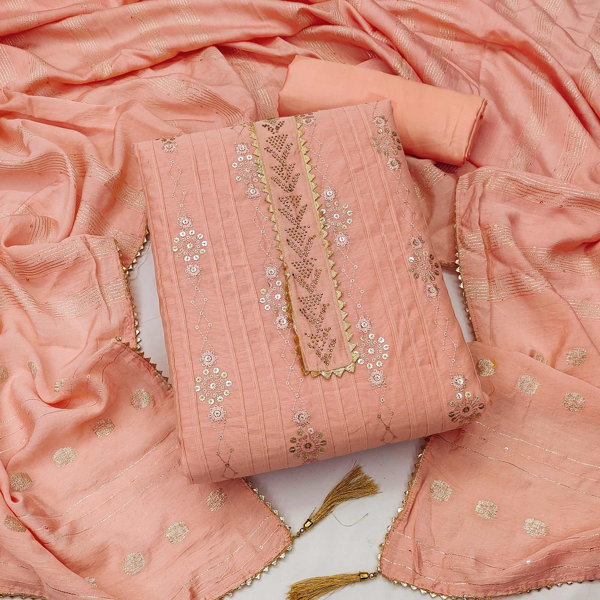 Orange Sequence Embroidered Chanderi Dress Material - Peachmode
