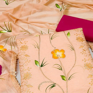 Orange Sequence Floral Embroidered Pure Cotton Dress Material - Peachmode
