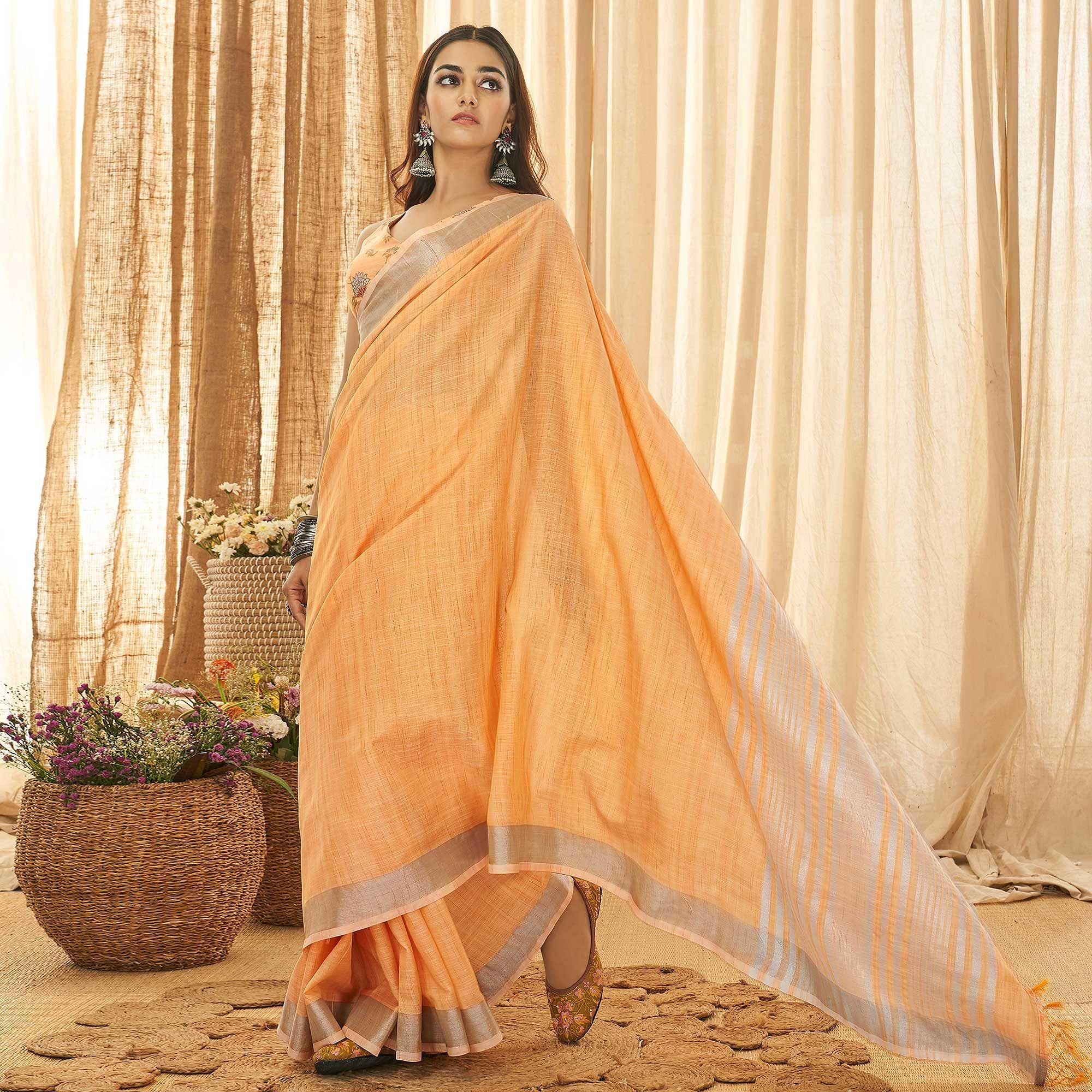 Orange Solid Linen Saree - Peachmode