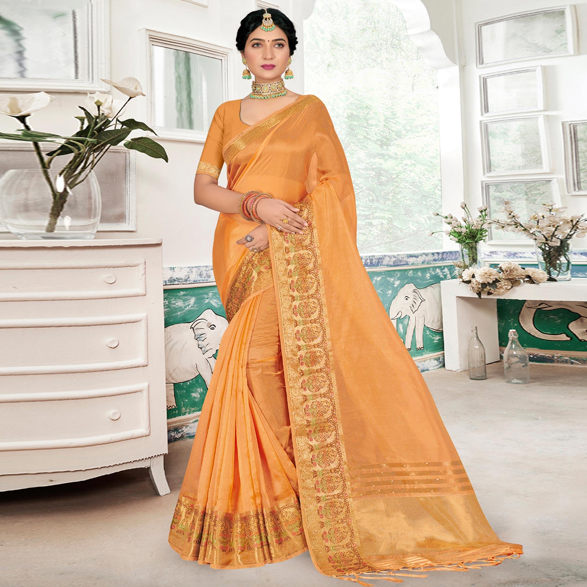 Orange Solid Organza Saree - Peachmode