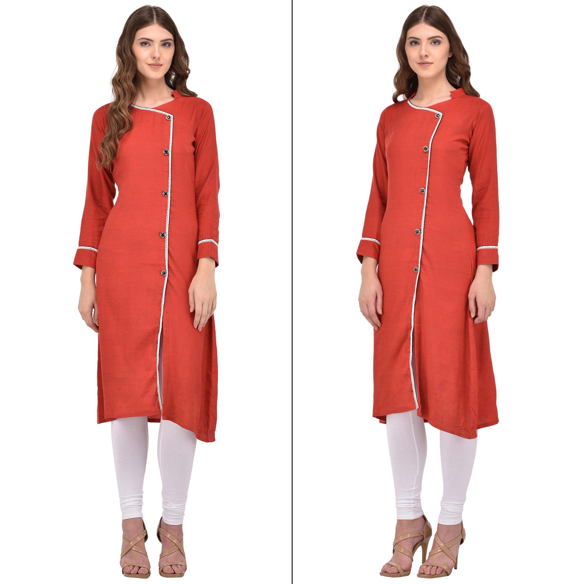 Orange Solid Rayon Kurti - Peachmode
